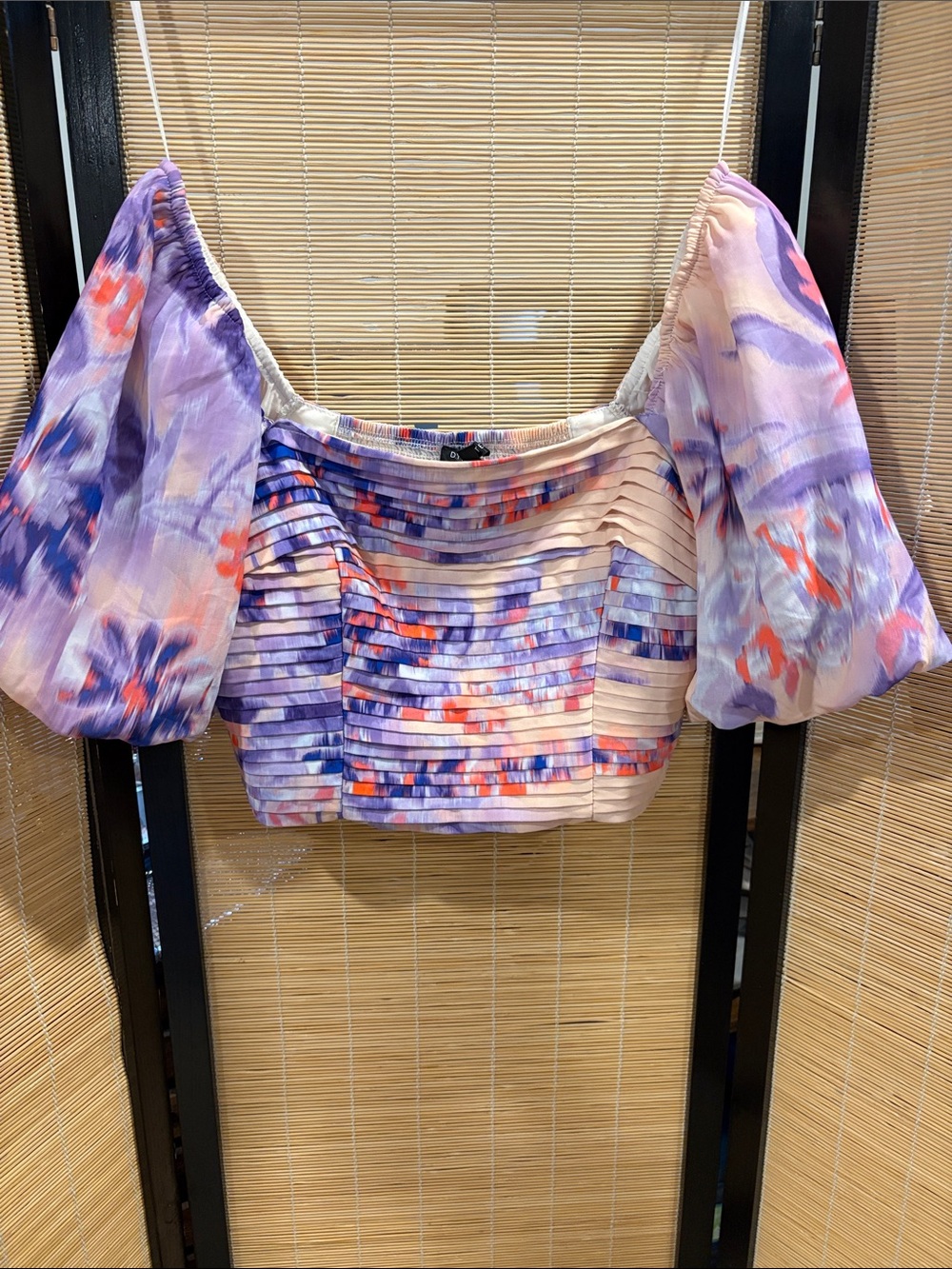 Dynamite Lavender Floral Pleated Puff-Sleeve Crop Top with Pink Accents